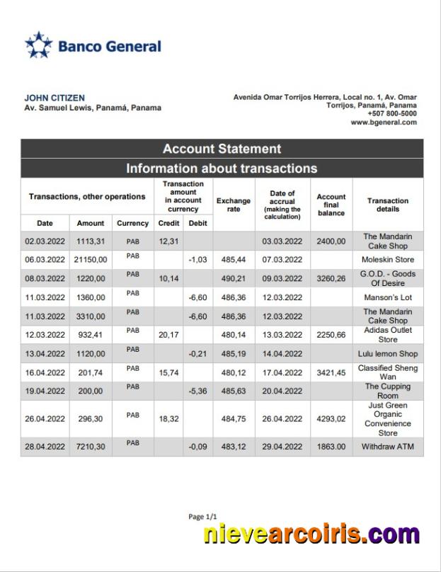 Panama Banco General bank statement